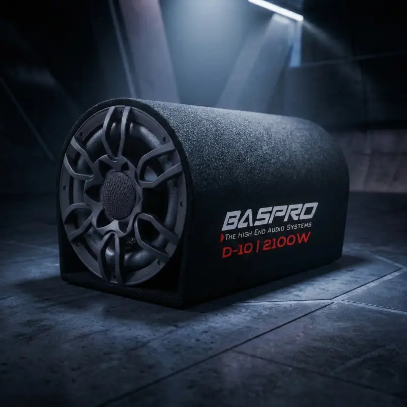 BASPRO D-10 10" Active D-Shape Bass Tube | 2100W Car Subwoofer with Built-in Amplifier